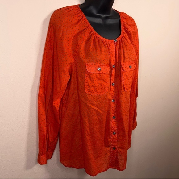 Petite Large Ann Taylor Loft Red Orange Blue Dot Print Blouse Peasant Top - Picture 3 of 12